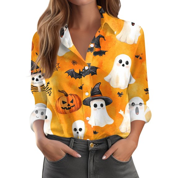 WTOBBY Women's Shirt Blouse Halloween Print Button Long Sleeve Casual Basic Shirt Collar Regular Top - Stylish and Comfortable for Daily Office Wear and Fashion Outfits,Yellow S