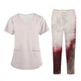 thumbnail image 1 of WTOBBY Women's Short Sleeve Halloween Print Uniform Top and Pants Two Piece Set, Workwear Nurse Costume Outfit for Roleplay and Party,Beige L, 1 of 6