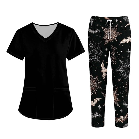 WTOBBY Women's Short Sleeve Halloween Print Uniform Top and Pants Two Piece Set, Workwear Nurse Costume Outfit for Roleplay and Party,Black S