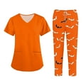 thumbnail image 1 of WTOBBY Women's Short Sleeve Halloween Print Uniform Top and Pants Two Piece Set, Workwear Nurse Costume Outfit for Roleplay and Party,Saffron 3XL, 1 of 6