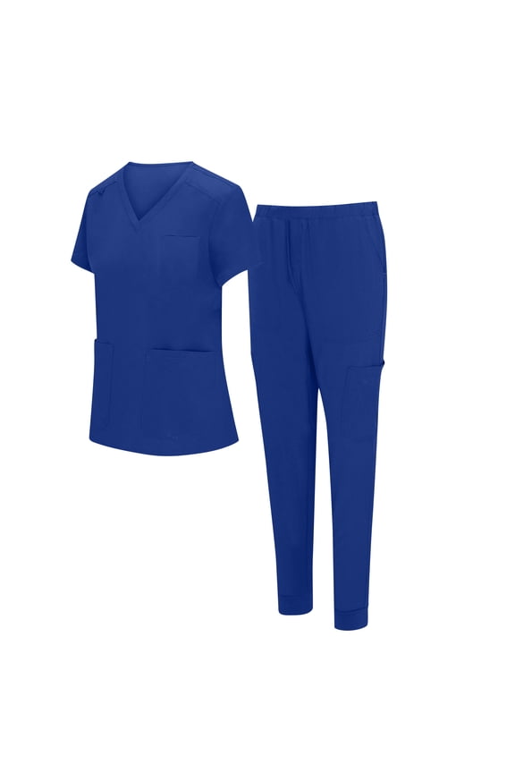 Women's Short Sleeve Hand-Washing Clothing Set, Isolation Split Suit with V-Neck, Medical Work Uniform for Nurses and Doctors, Light Purple Two-Piece Outfit,Dark Blue L