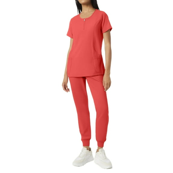 WTOBBY Women's Short Sleeve Round Neck Scrubs Set with Pockets, Solid Color Nursing Uniform, 2-Piece Medical Workwear for Healthcare Professionals, Simple and Functional,Saffron XL