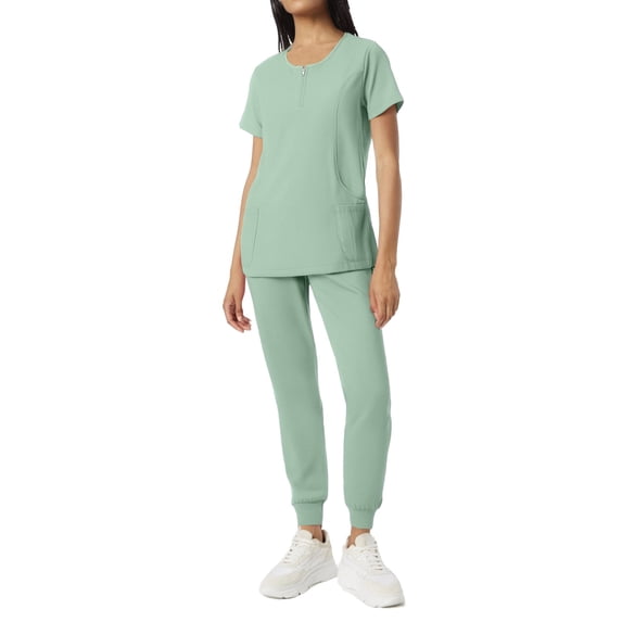 WTOBBY Women's Short Sleeve Round Neck Scrubs Set with Pockets, Solid Color Nursing Uniform, 2-Piece Medical Workwear for Healthcare Professionals, Simple and Functional,Army Green L