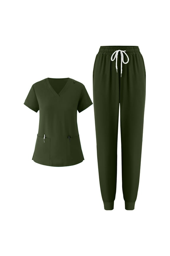 Women's Short Sleeve Solid Color Scrubs Set with Pockets, V-Neck Top and Pants, 2-Piece Nursing Uniform, Medical Workwear for Caregivers,Army Green 2XL