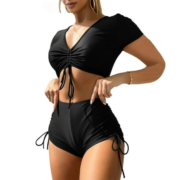 WTOBBY Women's Short Sleeve Two-Piece Swimsuit Set Sexy High Waisted Bathing Suit with Adjustable Straps for Summer Beach Pool Party,Black L