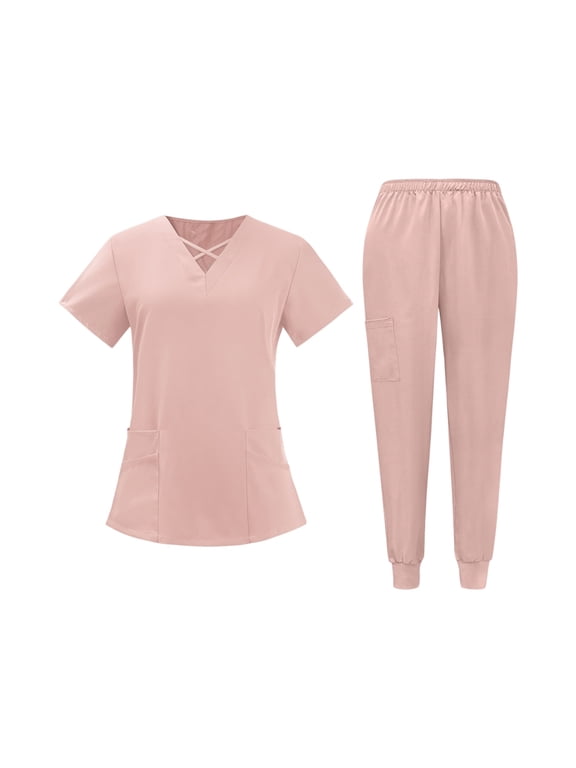 Women's Short Sleeve V-Neck Scrubs Set with Pockets, 2-Piece Nursing Uniform, Medical Workwear for Healthcare Professionals, Durable and Easy Care Fabric,Pink M