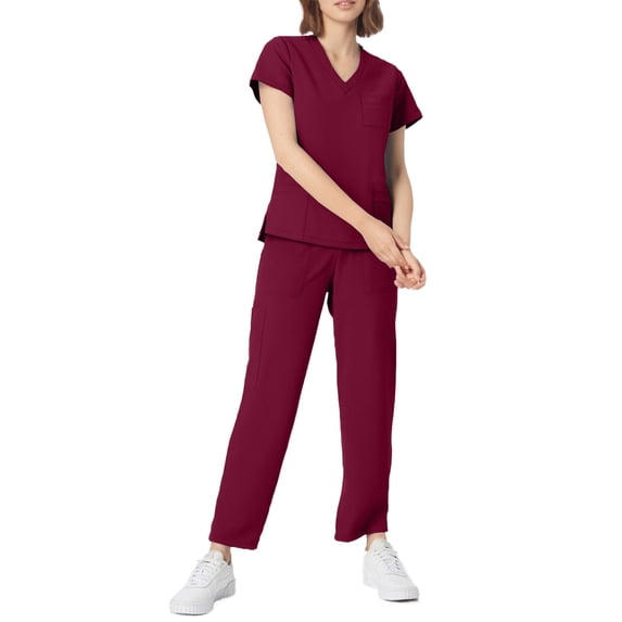 WTOBBY Women's Short Sleeve V-Neck Scrubs Set with Pockets, Solid Color Nursing Uniform, 2-Piece Medical Workwear for Healthcare Professionals, Comfortable Fit,Wine 2XL