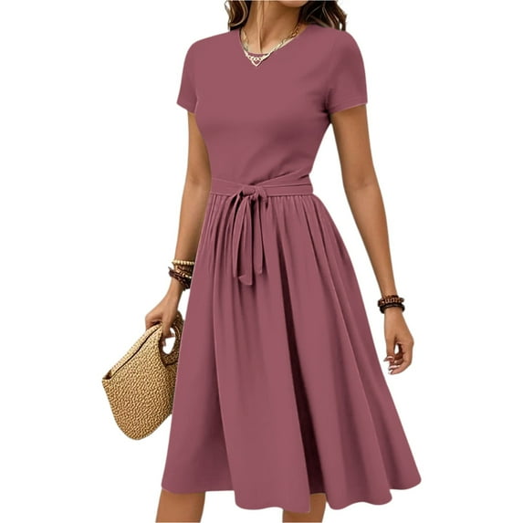 WTOBBY Women's Simple Belted Solid Color Short Sleeve Round Neck Casual Elegant Everyday Dress,Beige XL
