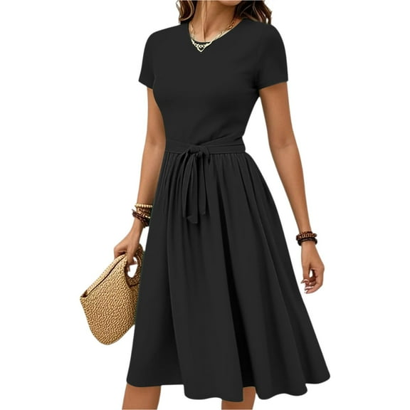 WTOBBY Women's Simple Belted Solid Color Short Sleeve Round Neck Casual Elegant Everyday Dress,Black XL
