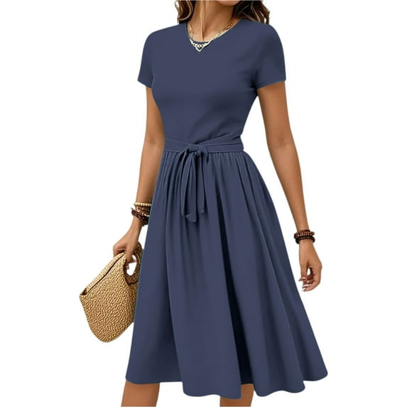 WTOBBY Women's Simple Belted Solid Color Short Sleeve Round Neck Casual Elegant Everyday Dress,Dark Blue XL
