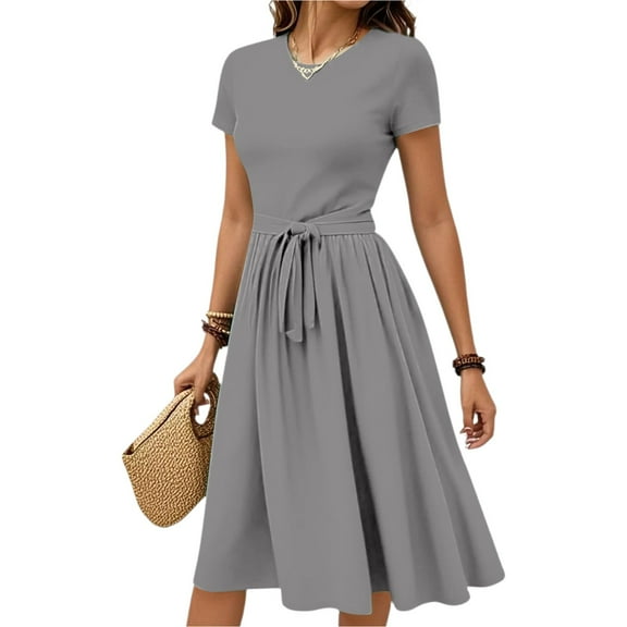WTOBBY Women's Simple Belted Solid Color Short Sleeve Round Neck Casual Elegant Everyday Dress,Gray S
