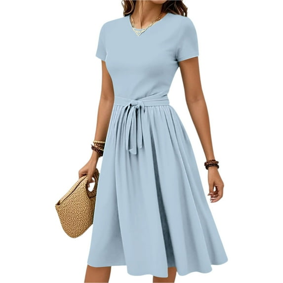 WTOBBY Women's Simple Belted Solid Color Short Sleeve Round Neck Casual Elegant Everyday Dress,Light Blue L