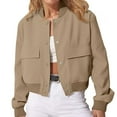 thumbnail image 1 of WTOBBY Women's Single Breasted Jacket Long Sleeve Solid Color Casual Coat Lightweight Zip Up Outerwear with Front Pockets Loose Fit Spring Fall Fashion Streetwear,Khaki S, 1 of 5