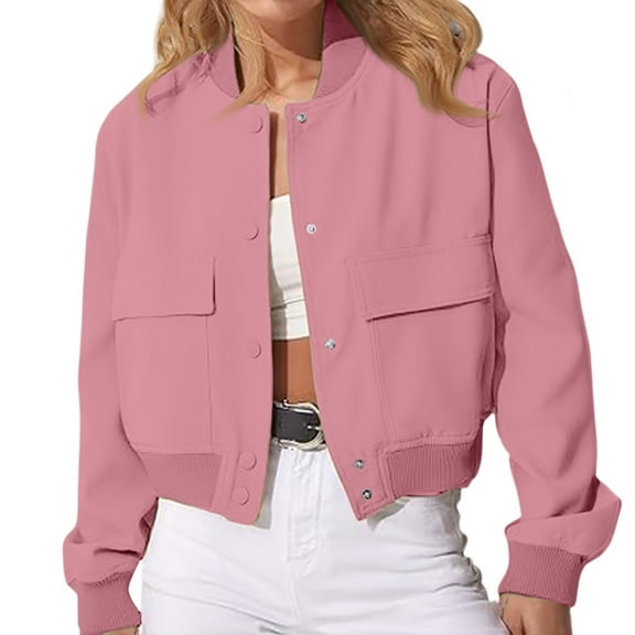 WTOBBY Women's Single Breasted Jacket Long Sleeve Solid Color Casual Coat Lightweight Zip Up Outerwear with Front Pockets Loose Fit Spring Fall Fashion Streetwear,Pink S