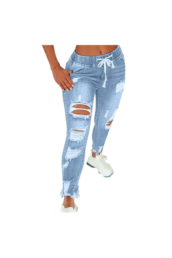 Women's Skinny Ripped Jeans, Trendy Distressed Stretch Denim Pants for a Fashionable Casual Look, Comfortable Fit with Edgy Style Details,Light Blue L