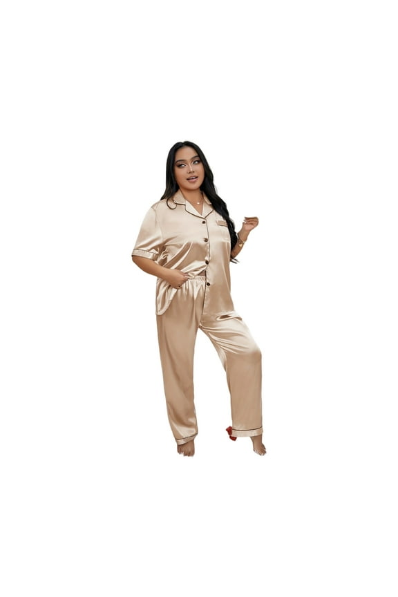 Women's Sleep Set Plus Size 3X-6X Breathable Top & Elastic Waist Pants Pajama Comfy Loungewear Home Wear Lounge Nightwear Outfit,Champagne 5XL
