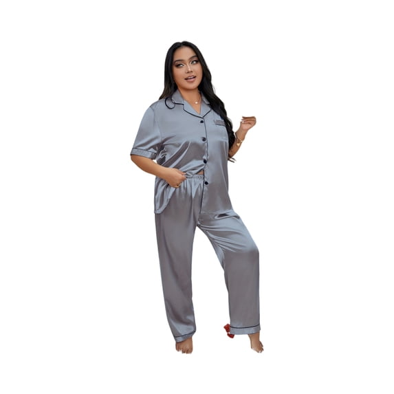 WTOBBY Women's Sleep Set Plus Size 3X-6X Breathable Top & Elastic Waist Pants Pajama Comfy Loungewear Home Wear Lounge Nightwear Outfit,Gray 2XL