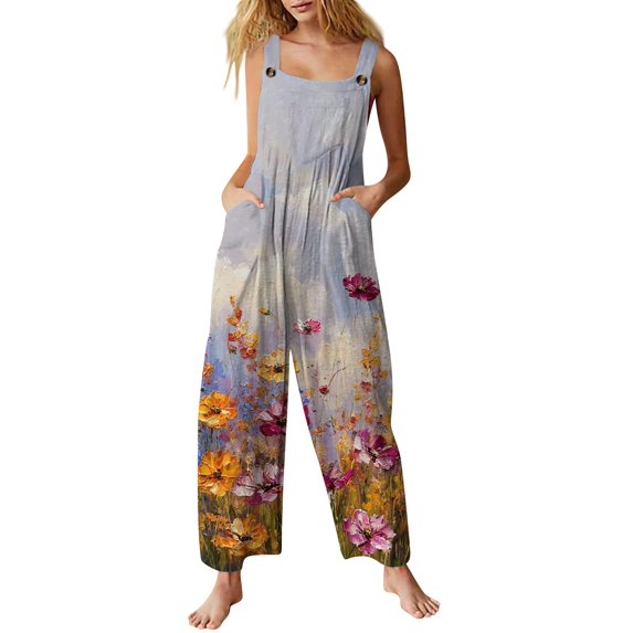 WTOBBY Women's Sleeveless Casual Cotton Jumpsuit with Printed Design, Lightweight and Comfortable for Everyday Wear, Perfect for Warm Weather,Earthy YellowL