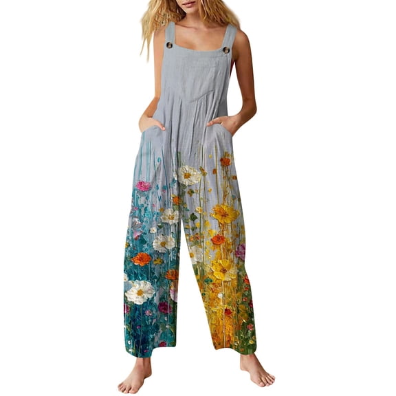WTOBBY Women's Sleeveless Casual Cotton Jumpsuit with Printed Design, Lightweight and Comfortable for Everyday Wear, Perfect for Warm Weather,GoldS