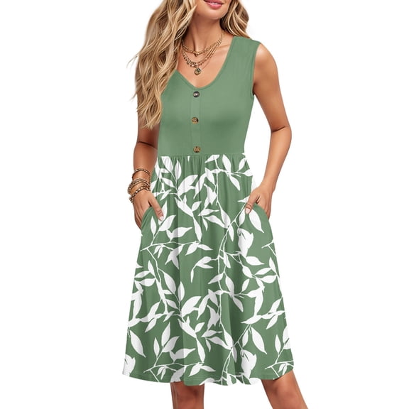 WTOBBY Women's Sleeveless Casual Summer Dress with Color Block Print V-Neck Button Down Pockets Loose Swing Midi Sundress for Beach Vacations and Resorts,GreenS