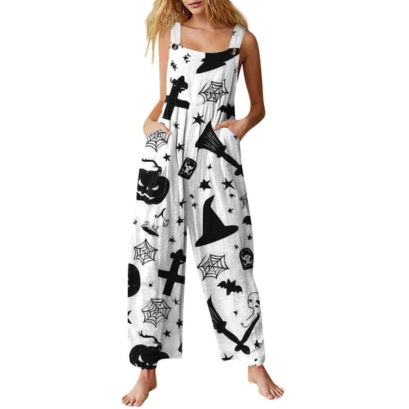 WTOBBY Women's Sleeveless Cotton Casual Jumpsuit featuring Halloween Print, Breathable and Lightweight for Warm Weather, Ideal for Relaxed Wear,WhiteM