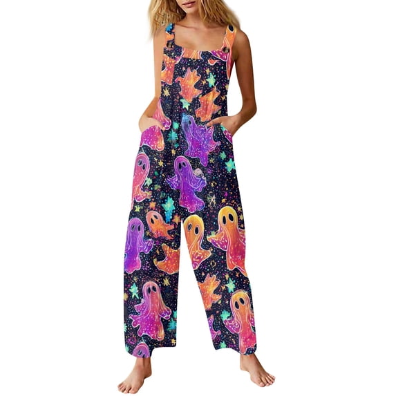 WTOBBY Women's Sleeveless Cotton Romper with Halloween Print, Casual Overalls Featuring Adjustable Straps, Pockets, Comfy Fit for Summer, Cute and Stylish,Dark Purple2XL