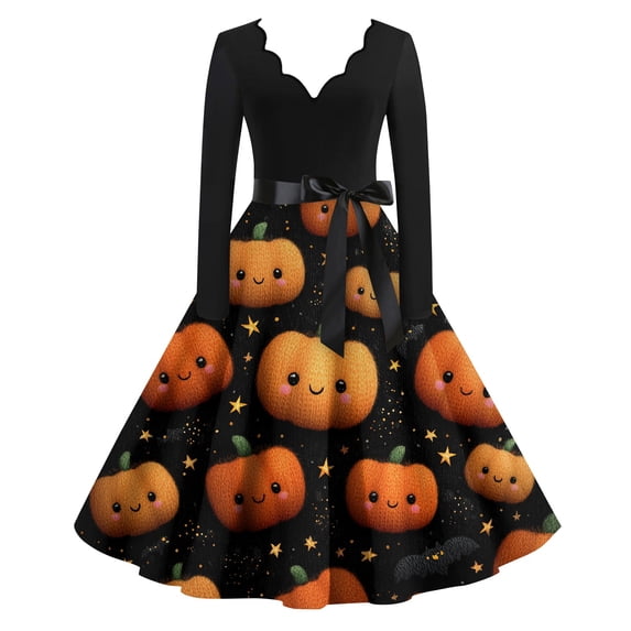 WTOBBY Women's Slim Fit Halloween Dress Stylish with Wave Edge Detail, V-Neckline, Long Sleeves, and Printed Retro Design for Casual Fashion Occasions ,Black L