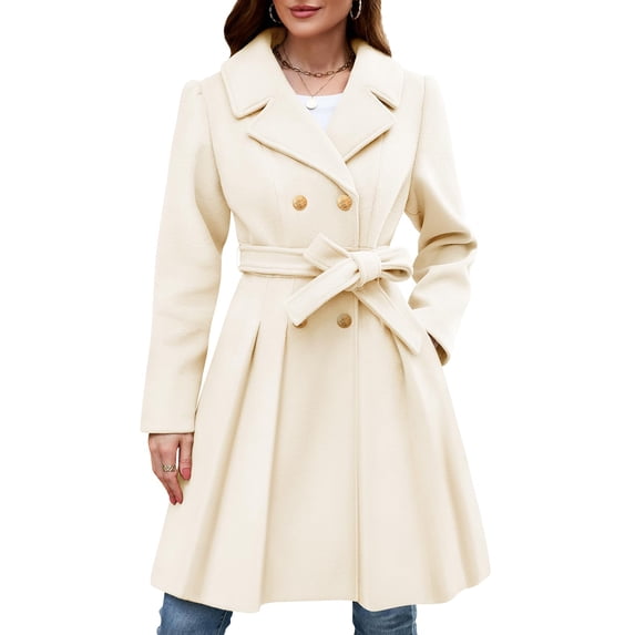 WTOBBY Women's Slim Fit Wool Blend Coat, Double-Breasted Lapel Design, Solid Color Elegant Overcoat, Warm Winter Outerwear, Classic Trench Style,Beige L