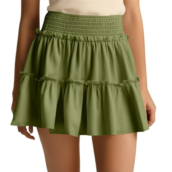 WTOBBY Women's Smocked Floral High Waist Skort with Built-in Shorts, Summer Beach A-Line Pleated Skirt with Elastic Waist, Casual Short Length for Active Wear,Green XL