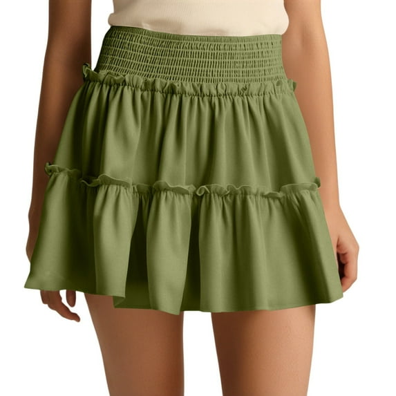 WTOBBY Women's Smocked Floral High Waist Skort with Built-in Shorts, Summer Beach A-Line Pleated Skirt with Elastic Waist, Casual Short Length for Active Wear,Green S