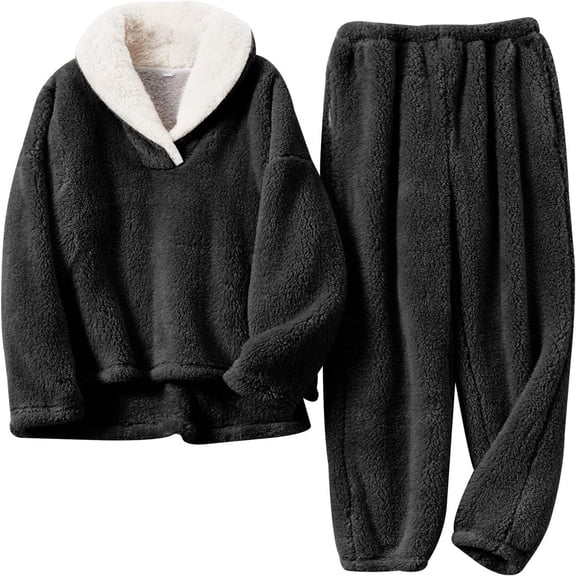 WTOBBY Women's Soft Plush Round Neck Cardigan and Lounge Pants Set, Warm Fleece Sleepwear and Home Outfit for Winter Season Comfort,Black L
