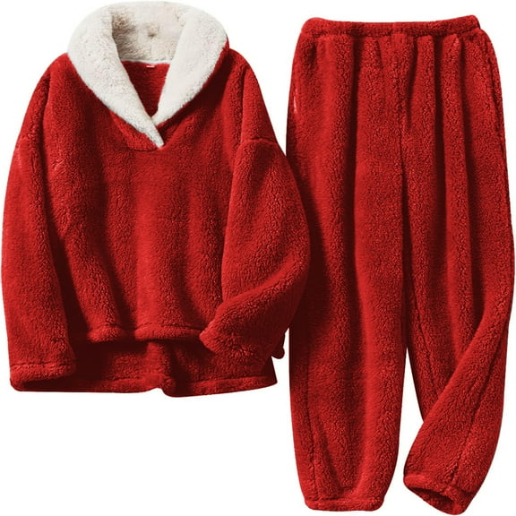 WTOBBY Women's Soft Plush Round Neck Cardigan and Lounge Pants Set, Warm Fleece Sleepwear and Home Outfit for Winter Season Comfort,Wine L