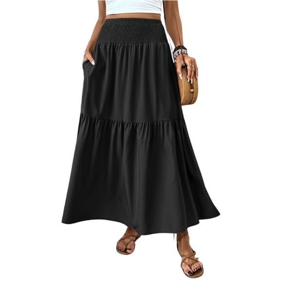 WTOBBY Women's Solid Color A-Line Pocket Skirt Elastic Waist Pleated Maxi Skirt Casual Summer Beach Skirt with Contrast Splicing Panel and Drawstring Waist,Black S