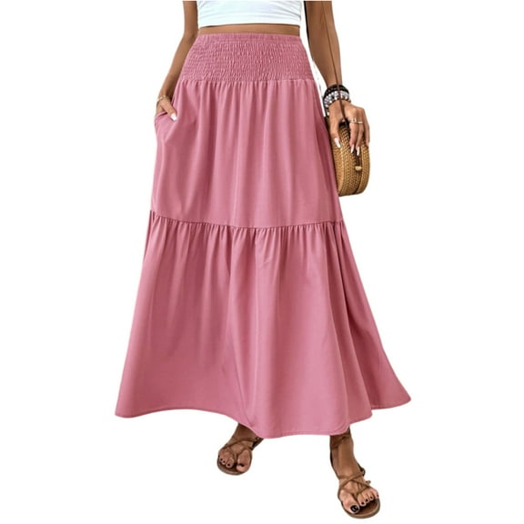 WTOBBY Women's Solid Color A-Line Pocket Skirt Elastic Waist Pleated Maxi Skirt Casual Summer Beach Skirt with Contrast Splicing Panel and Drawstring Waist,Pink S