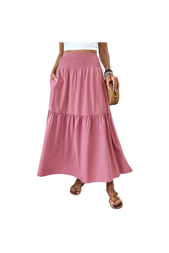 Women's Solid Color A-Line Pocket Skirt Elastic Waist Pleated Maxi Skirt Casual Summer Beach Skirt with Contrast Splicing Panel and Drawstring Waist,Pink S