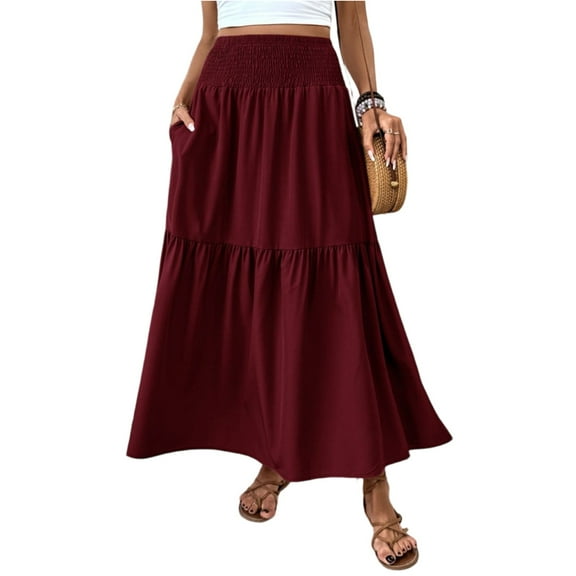 WTOBBY Women's Solid Color A-Line Pocket Skirt Elastic Waist Pleated Maxi Skirt Casual Summer Beach Skirt with Contrast Splicing Panel and Drawstring Waist,Wine XL
