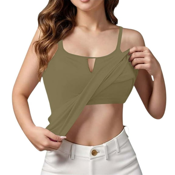 WTOBBY Women's Solid Color Adjustable Camisole with Removable Padded Bra, Sexy Plus Size Support Underwear, Soft Stretchy Layering Tank Top for Daily Wear,Army Green S