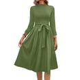 thumbnail image 1 of WTOBBY Women's Solid Color Belted Round Neck 3/4 Sleeve Dress, Minimalist Midi Sundress with Casual Elegance for Everyday Wear,Army Green L, 1 of 5