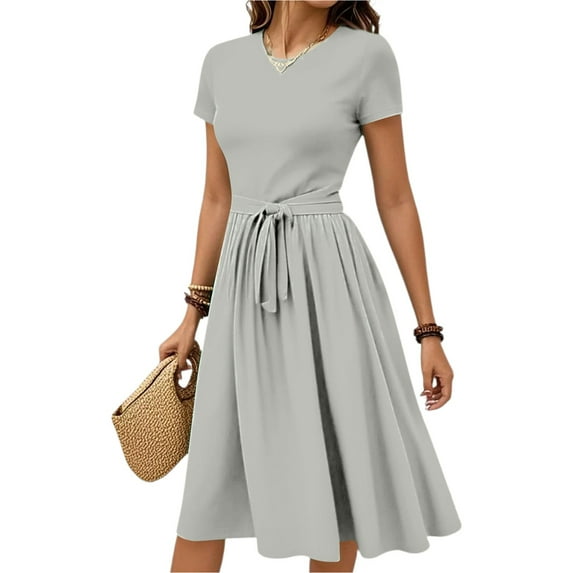WTOBBY Women's Solid Color Belted Waist Short Sleeve Round Neck Casual Elegant Minimalist Dress,Gray S