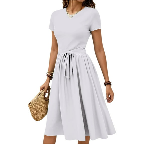 WTOBBY Women's Solid Color Belted Waist Short Sleeve Round Neck Casual Elegant Minimalist Dress,White L