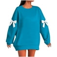 thumbnail image 1 of WTOBBY Women's Solid Color Bow Round Neck Long Sleeve Loose Pullover Sweater Sweatshirt, Decorative Bow Design, Soft and Comfortable for Fashionable Everyday Wear,Sky Blue M, 1 of 7