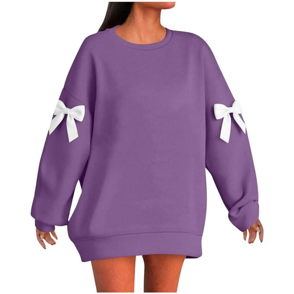 WTOBBY Women's Solid Color Bow Round Neck Long Sleeve Loose Pullover Sweater Sweatshirt, Decorative Bow Design, Soft and Comfortable for Fashionable Everyday Wear,Purple XL