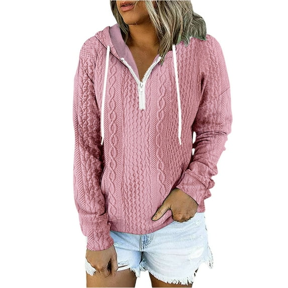 WTOBBY Women's Solid Color Cable Knit Hoodie, Drawstring Casual Pullover, Soft Fleece Lined Sweatshirt with Front Pocket for Hands Warming Comfort,Pink 2XL
