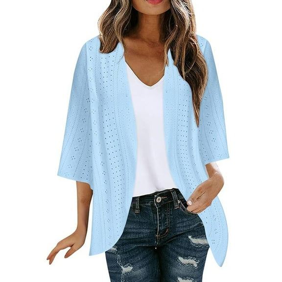 WTOBBY Women's Solid Color Cardigan Jacket with Seven Split Sleeve Design, Casual Fashion Outerwear for Spring Fall Season, Weekend Wear, and Everyday Comfort,Sky Blue L