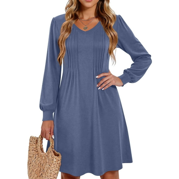 WTOBBY Women's Solid Color Casual Fashion V-Neck Long Sleeve Mid-Length Dress Elegant Simple Design for Daily Wear and Occasions,Blue L