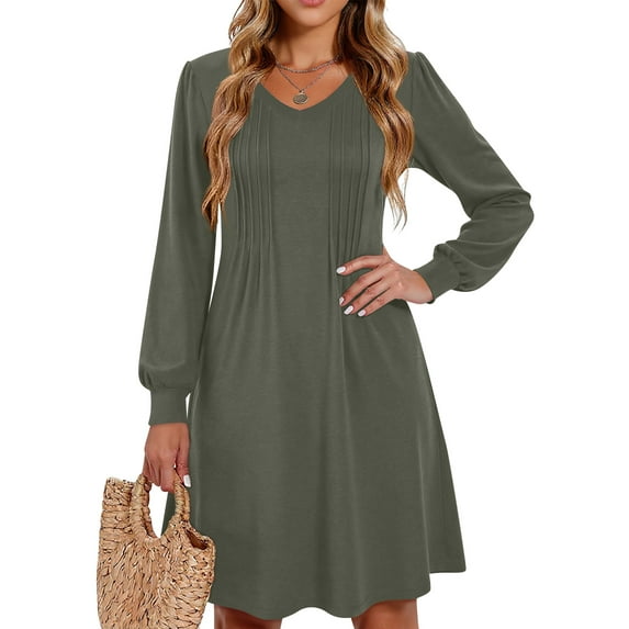 WTOBBY Women's Solid Color Casual Fashion V-Neck Long Sleeve Mid-Length Dress Elegant Simple Design for Daily Wear and Occasions,Green L