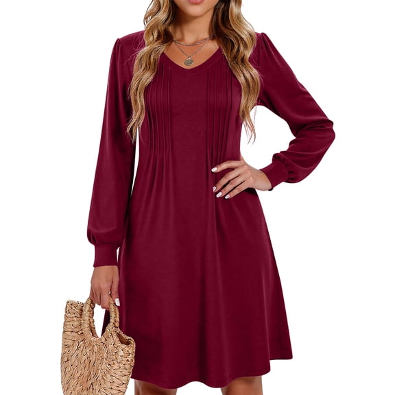 WTOBBY Women's Solid Color Casual Fashion V-Neck Long Sleeve Mid-Length Dress Elegant Simple Design for Daily Wear and Occasions,Wine L