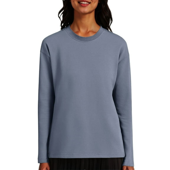 WTOBBY Women's Solid Color Drop Shoulder Round Neck Long Sleeve Top, Basic Layering Tee with Comfort Fit, Stretchy Fabric for Everyday Casual Wear,Blue L