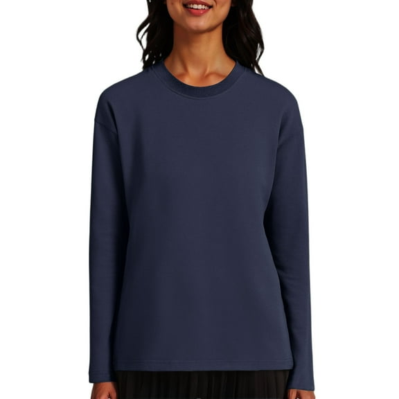 WTOBBY Women's Solid Color Drop Shoulder Round Neck Long Sleeve Top, Basic Layering Tee with Comfort Fit, Stretchy Fabric for Everyday Casual Wear,Navy L