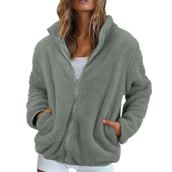 WTOBBY Women's Solid Color Fashion Winter Jacket with High Neck and Long Plush Fleece, Zipper Front Warm Outerwear,Light Gray 2XL